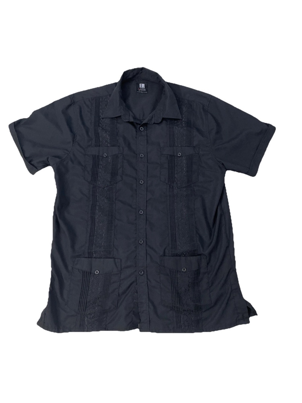 Black Embroidered Geometric Pleated Button-Up Shirt Mens L Vacation Beach Resort